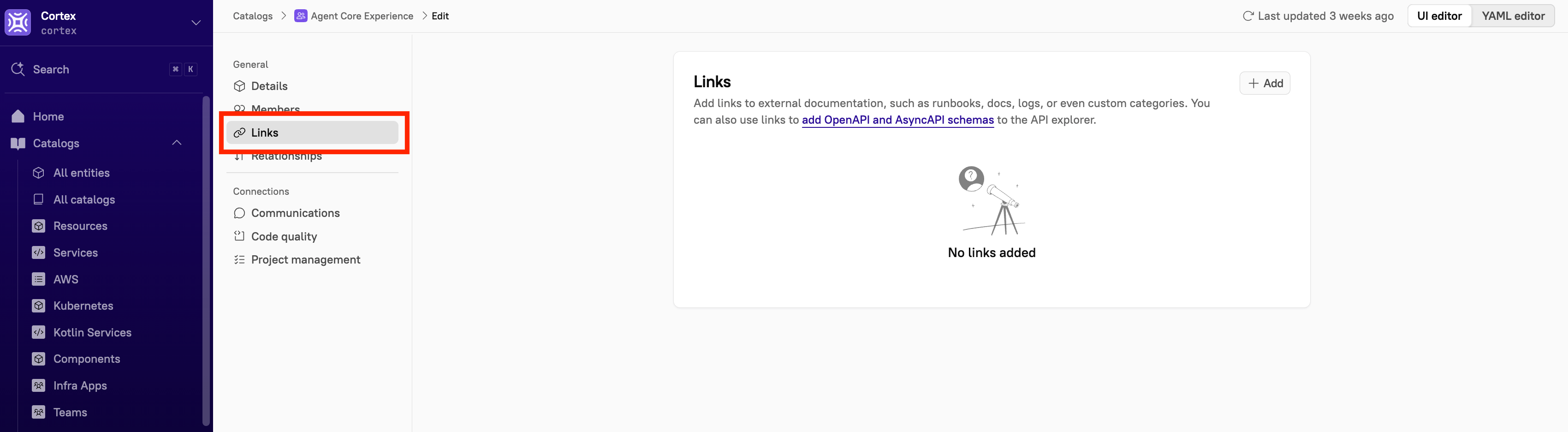 The Links page in the Cortex UI.