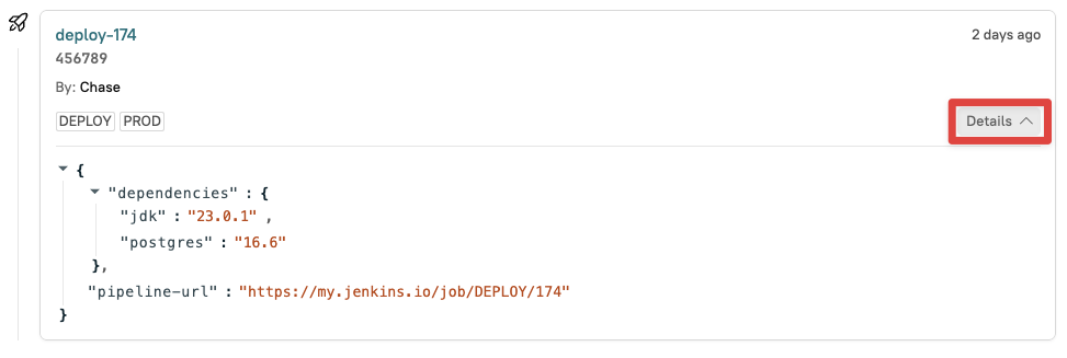 The 'Details' button on the Deploys page of an entity.