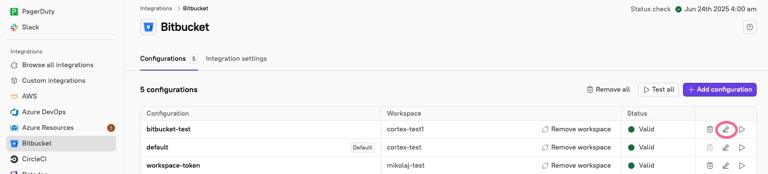 Click the pencil icon to edit the Bitbucket configuration.