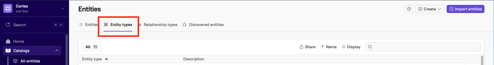 The 'Entity types' tab shows all entity types in your organization.