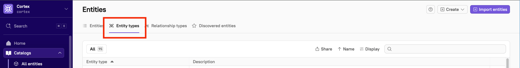 The 'Entity types' tab shows all entity types in your organization.