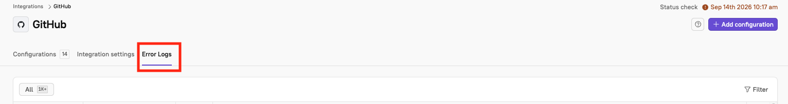 The 'Logs' tab on an integration's settings page shows error information over the past 7 days.