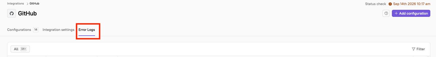 Integration Error Logs The 'Logs' tab on an integration's settings page shows error information over the past 7 days.