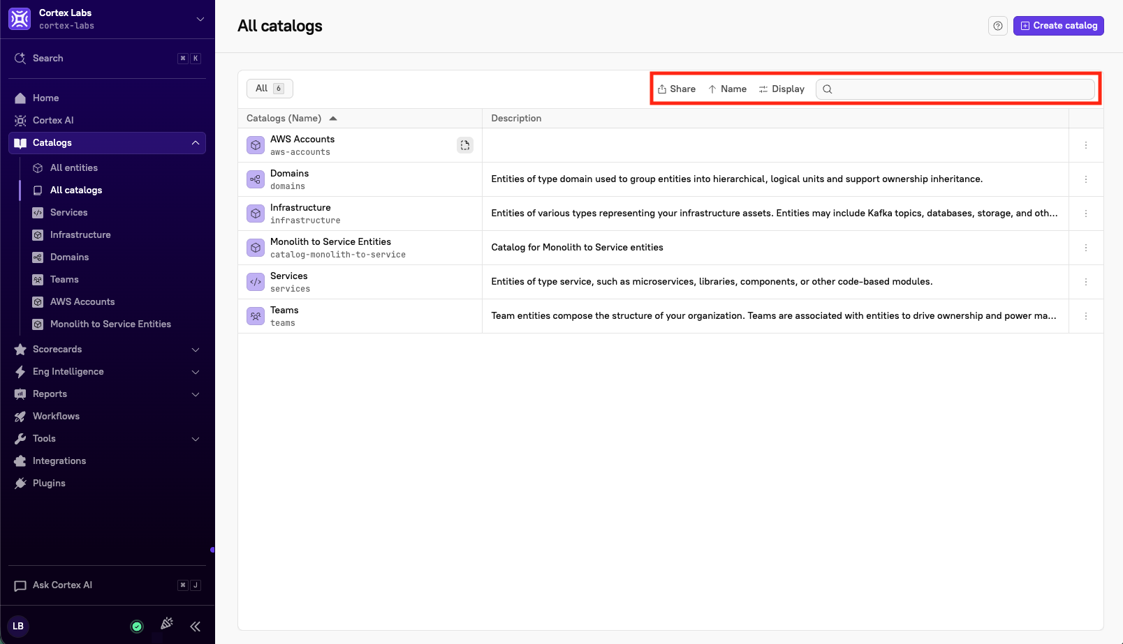 The search and filter options on the 'All catalogs' page.