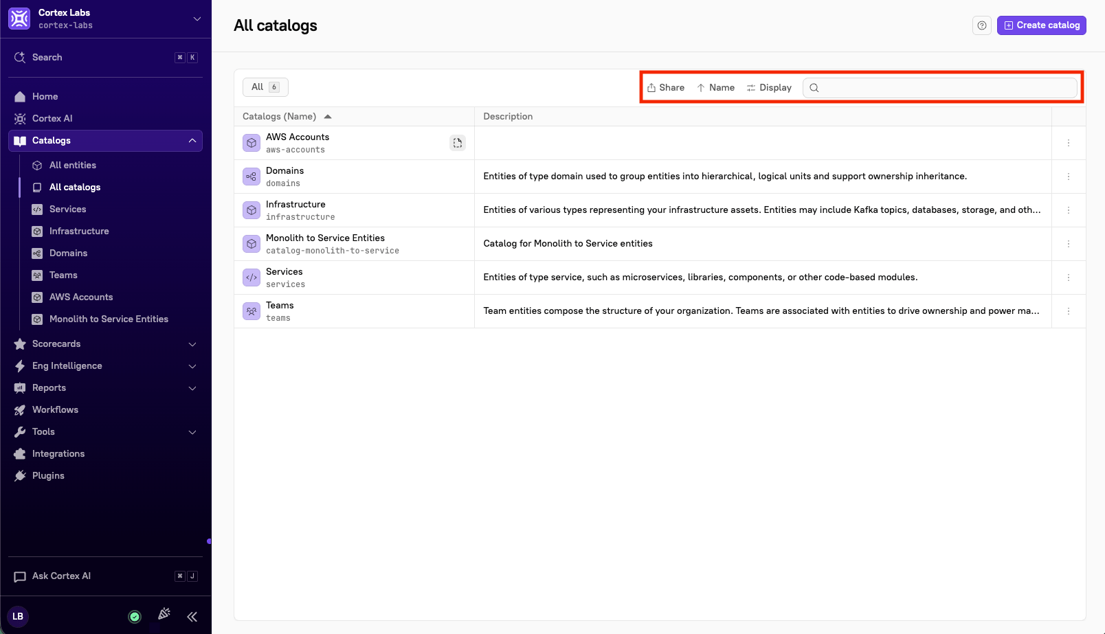 The search and filter options on the 'All catalogs' page.