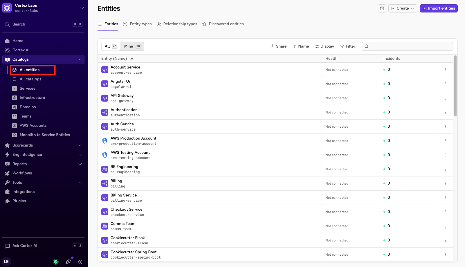 The 'All entities' page.