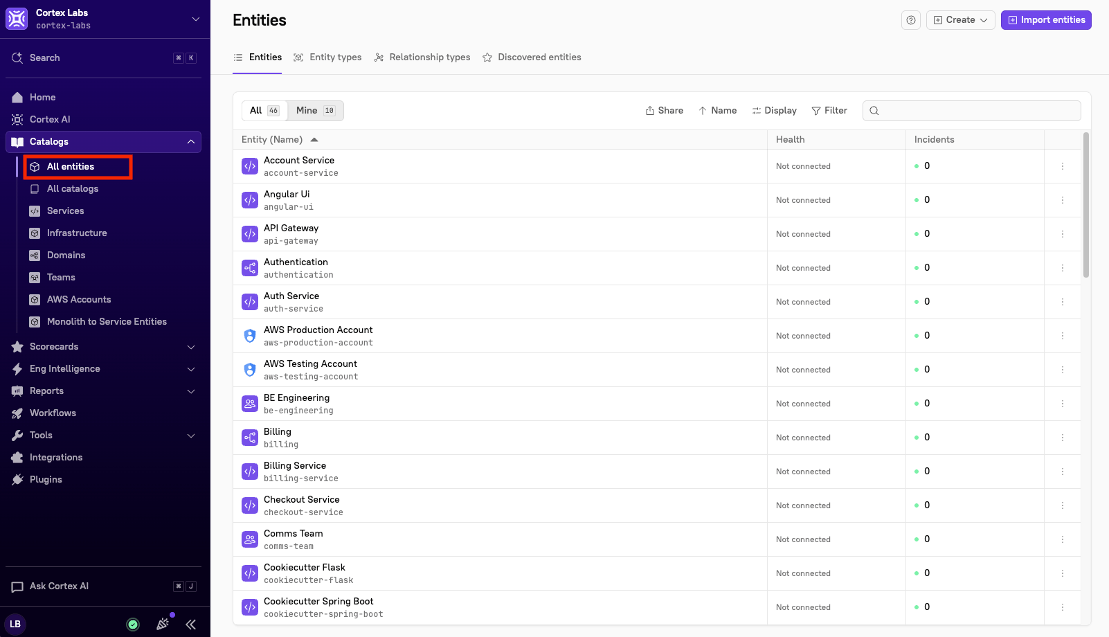 The 'All entities' page.