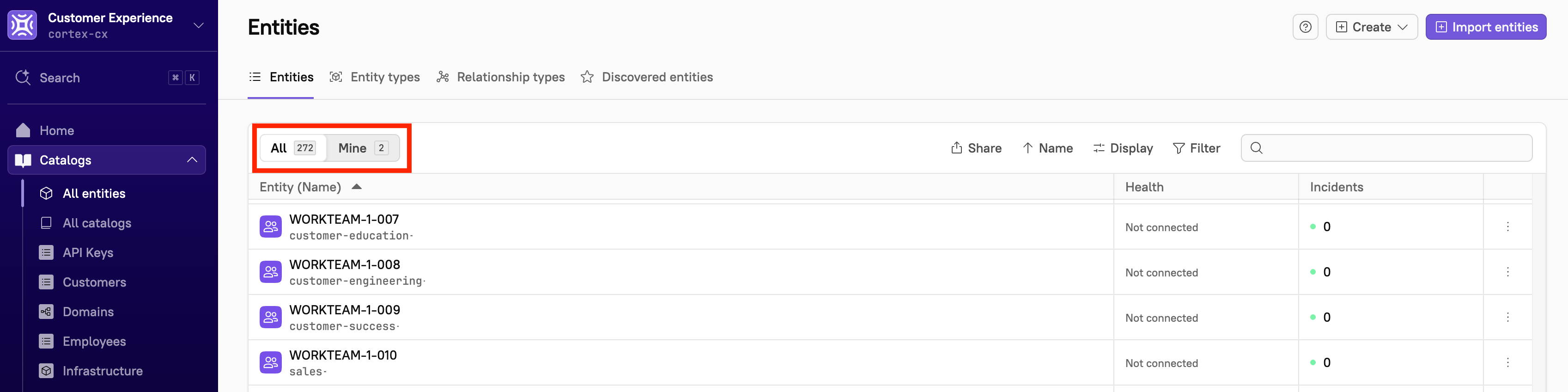 The 'All' and 'Mine' tabs located on the main entities page.