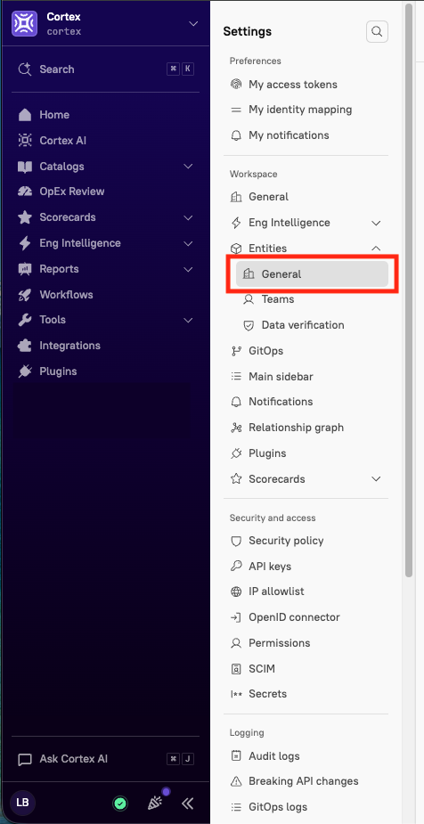 The 'General' tab within Cortex settings.