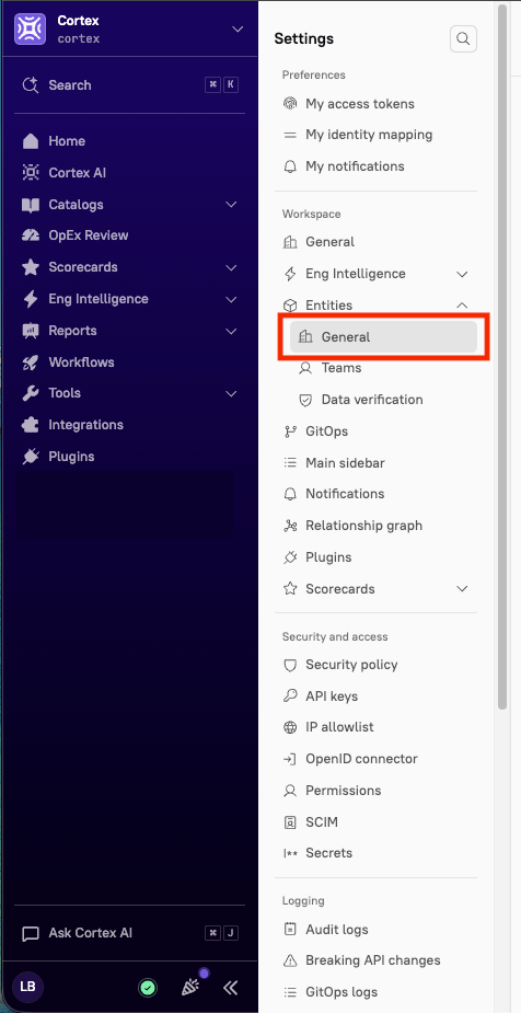 The 'General' tab within Cortex settings.