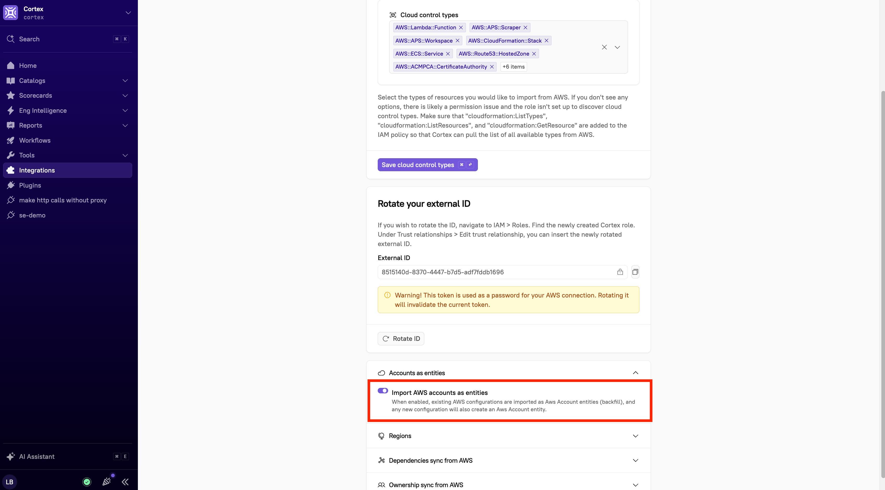 The 'Import AWS accounts as entities' option in the AWS settings.