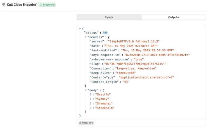 The 'call cities endpoint' data appears in the Output of the Workflow.