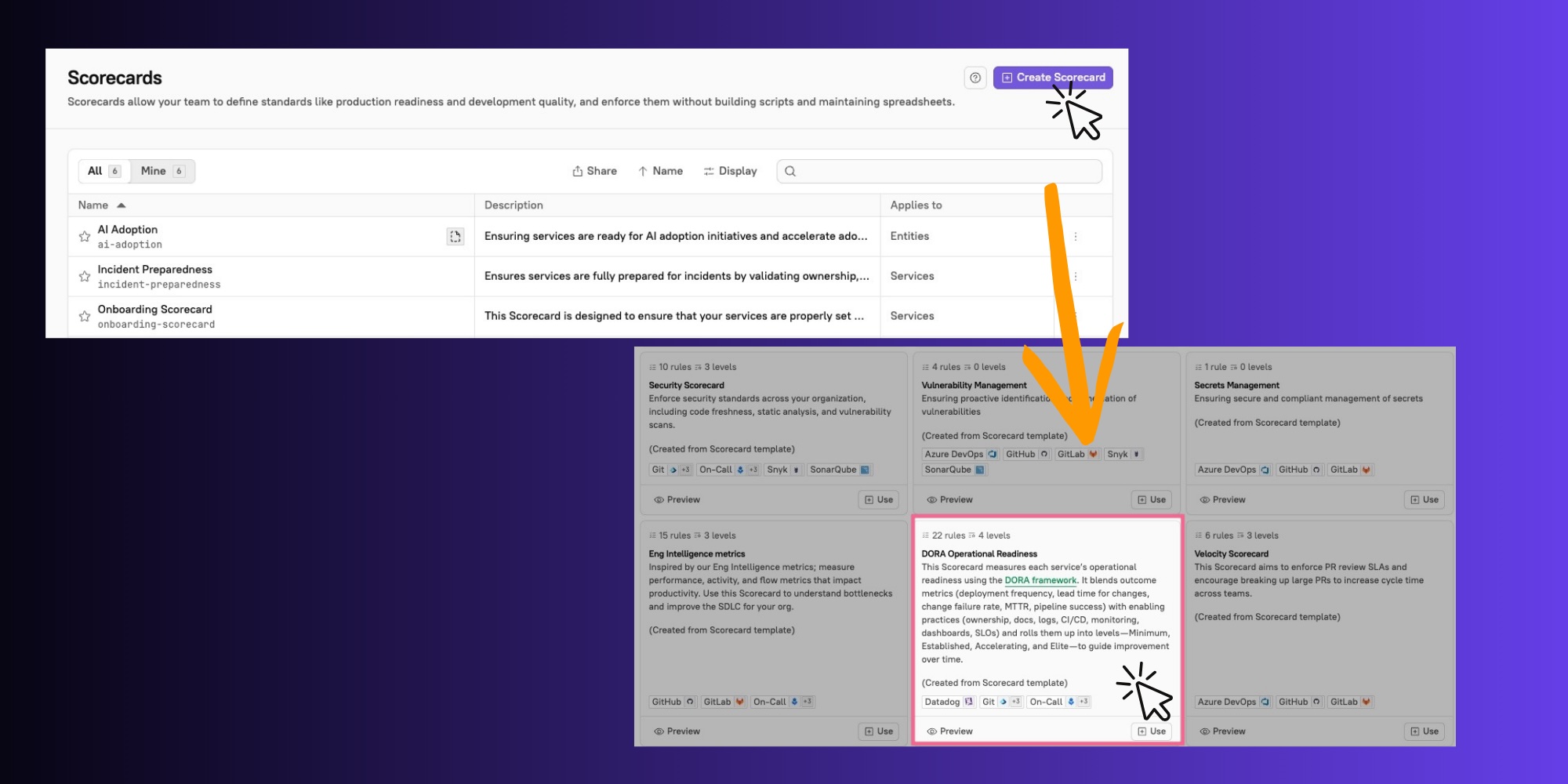 Click Create Scorecard, then select DORA Metrics.