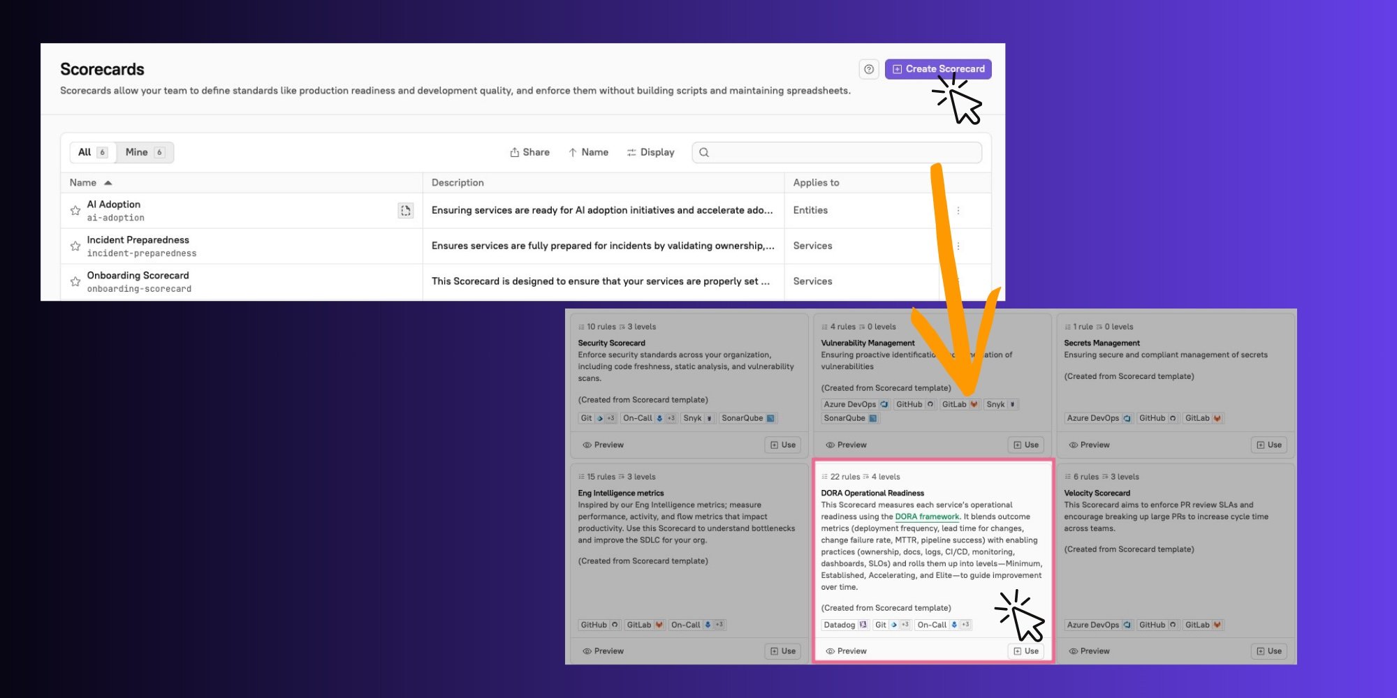 Click Create Scorecard, then select DORA Metrics.