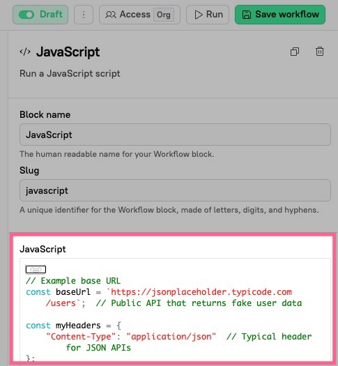 The JavaScript text editor appears under the Block name and Slug fields.