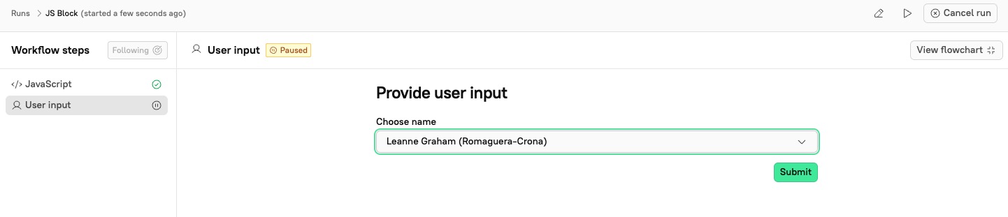 During a user input step, select an option from the dropdown.