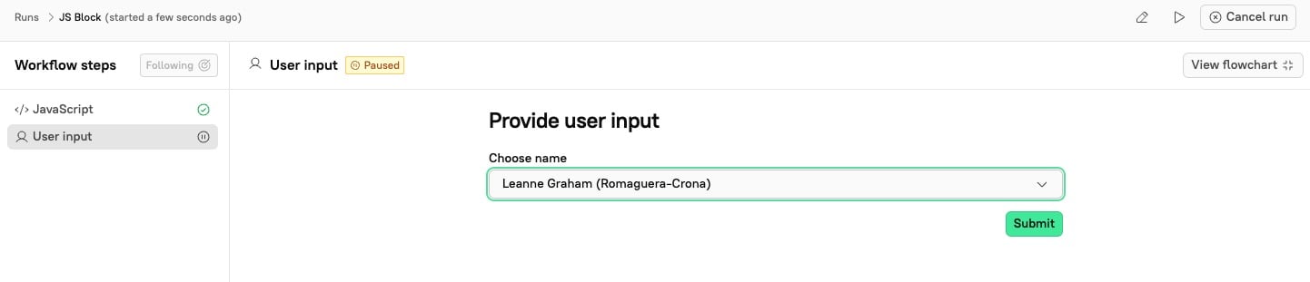 During a user input step, select an option from the dropdown.