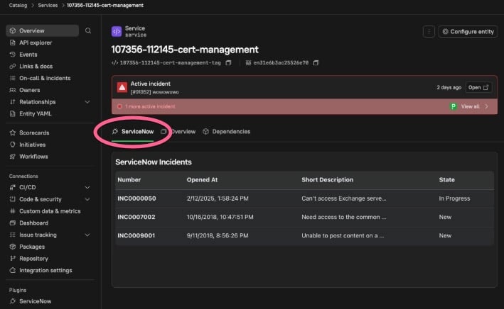 ServiceNow incidents are displayed under a tab on an entity details page.