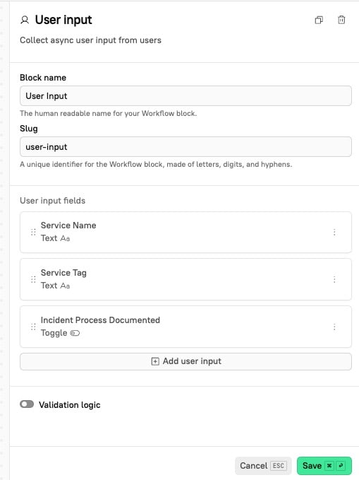 The User input step contains three input fields.