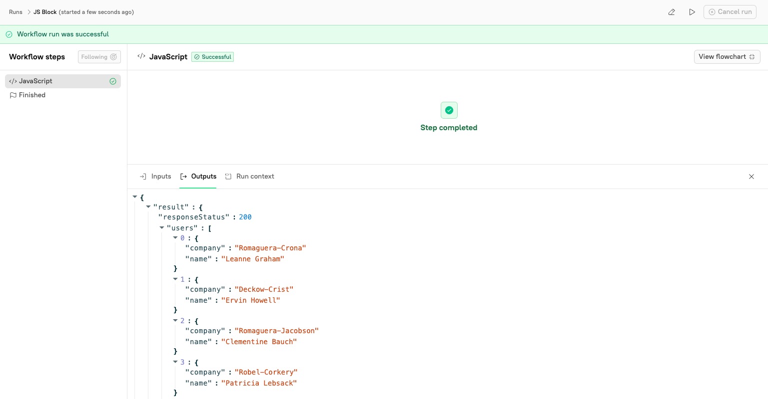 The run output includes the user names and companies.
