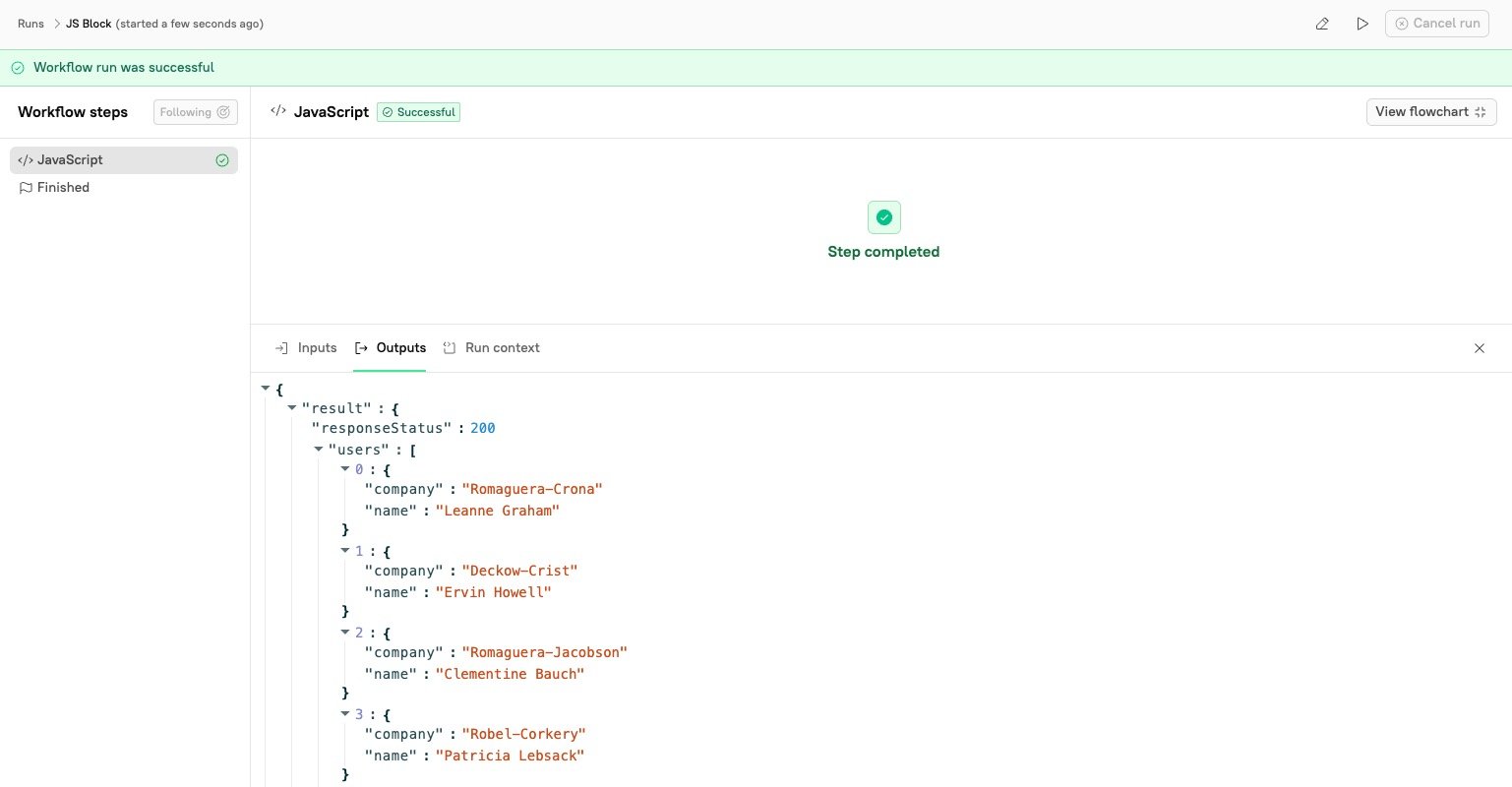 The run output includes the user names and companies.