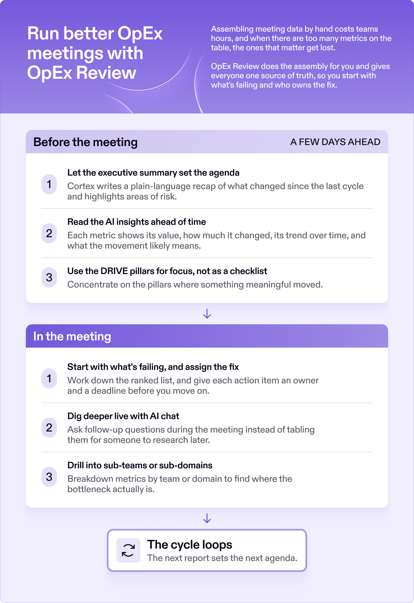 'Run better OpEx meetings with OpEx Review' infographic.