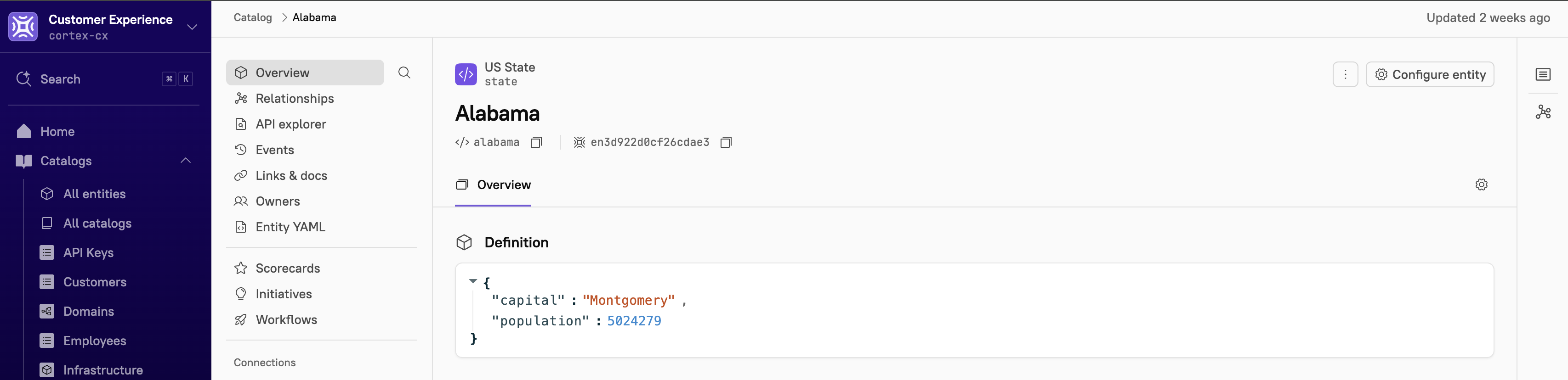The entity, 'Alabama', displays metadata for the property 'location'.