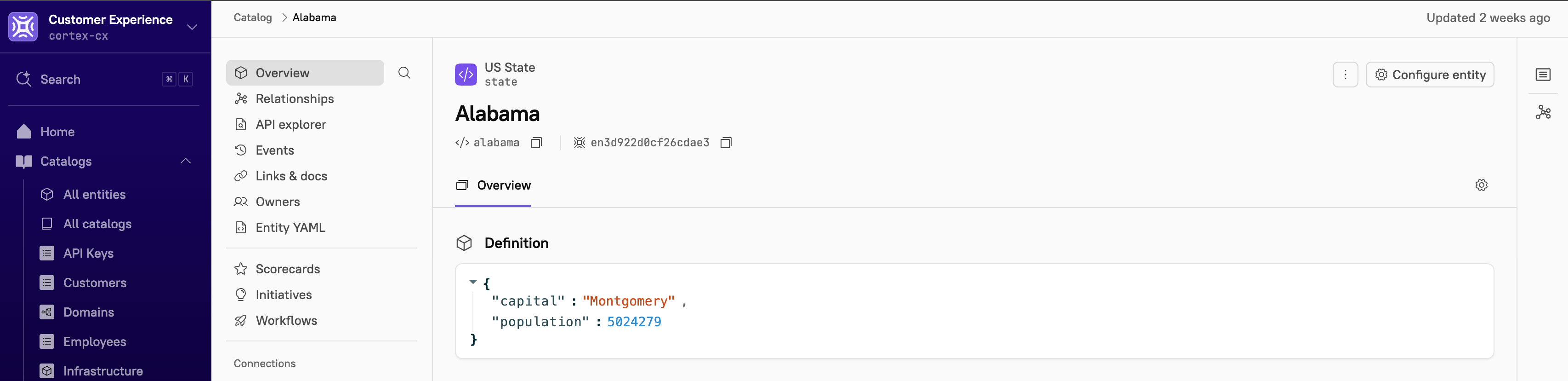 The entity, 'Alabama', displays metadata for the property 'location'.