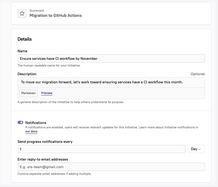 Basic configurations are in place for an Initiative called 'Ensure services have CI workflow by November.'