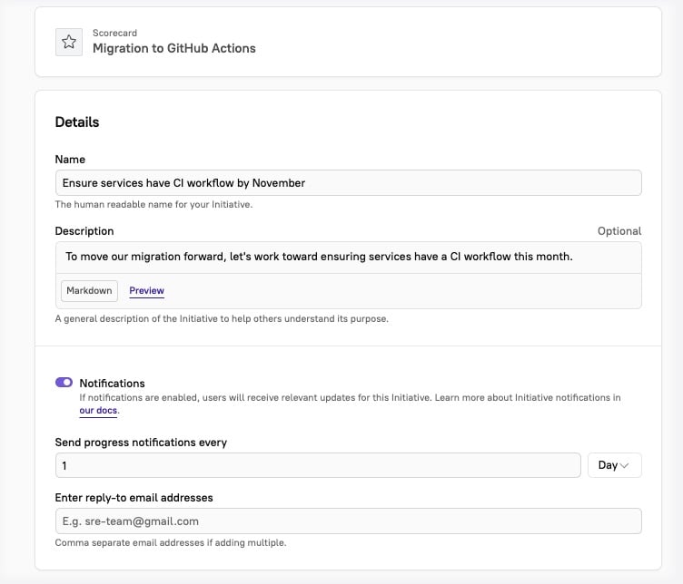 Basic configurations are in place for an Initiative called 'Ensure services have CI workflow by November.'