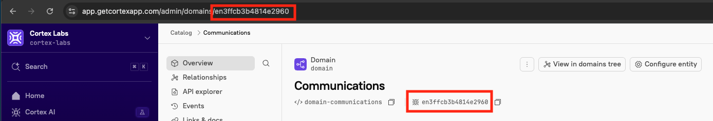 The Cortex ID (CID) is highlighted in the entity's URL and at the top of the entity's details page.