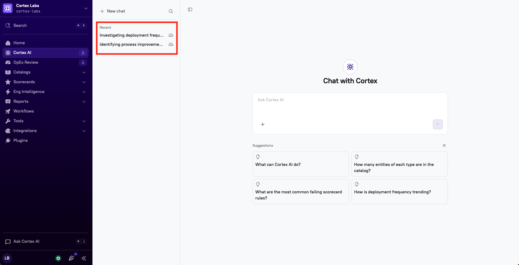 The Cortex AI page with past chats highlighted.