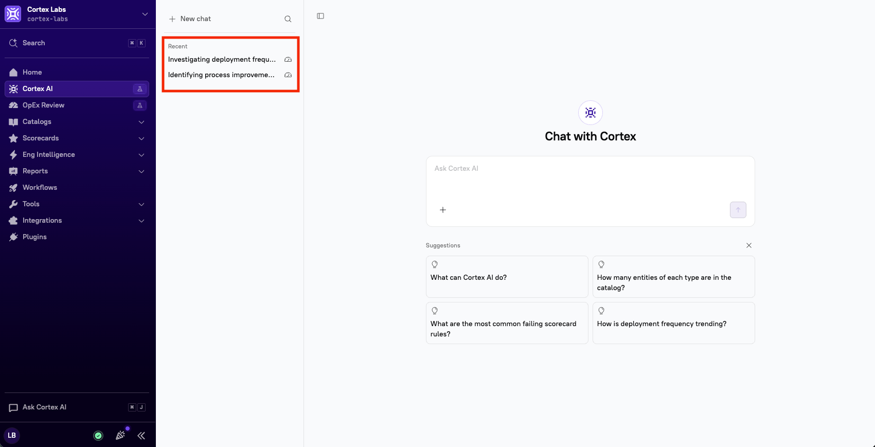 The Cortex AI page with past chats highlighted.