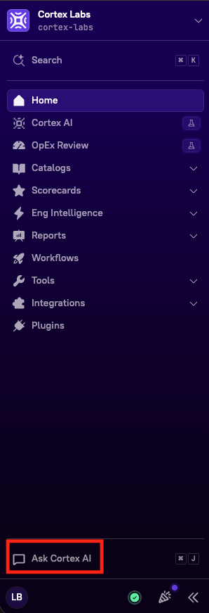 'Ask Cortex AI', highlighted at the bottom of the main sidebar.