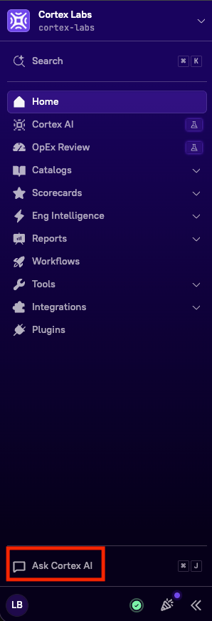 'Ask Cortex AI', highlighted at the bottom of the main sidebar.