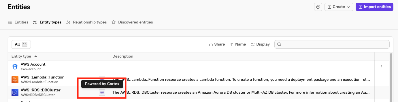 The 'Powered by Cortex' icon appears next to a built-in entity in the Entities list.