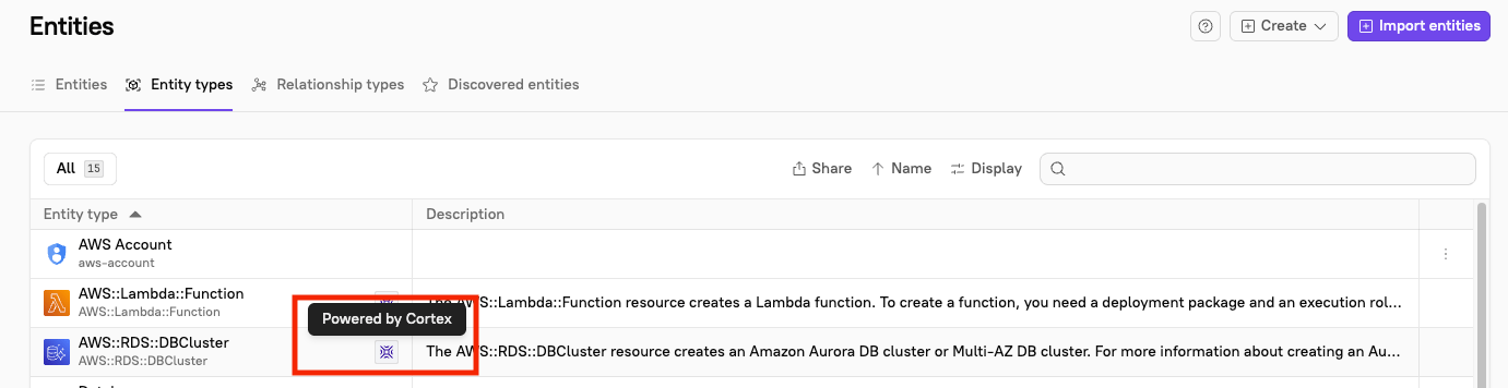 The 'Powered by Cortex' icon appears next to a built-in entity in the Entities list.