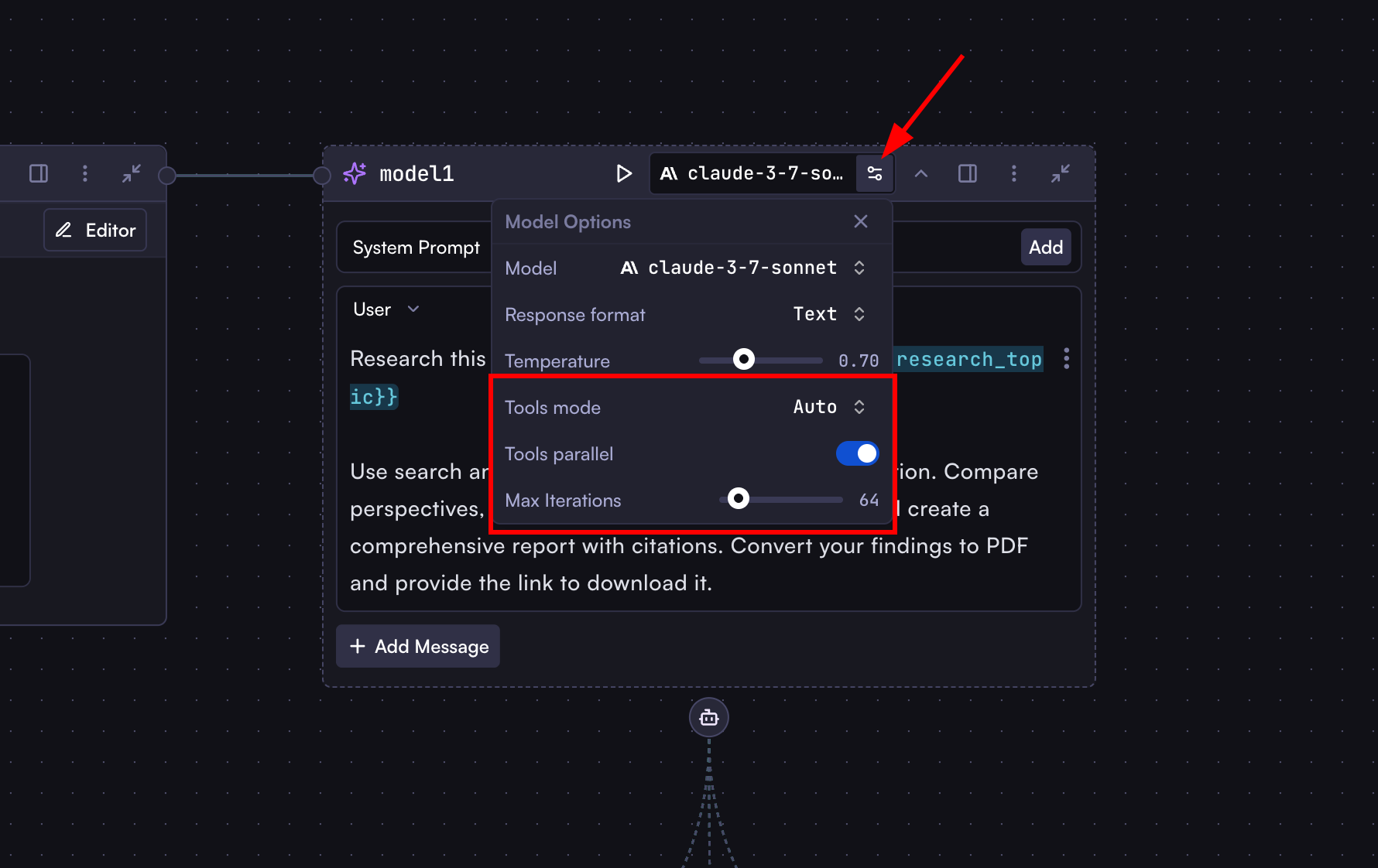 Screenshot of the model step settings panel showing tools mode dropdown set to Auto, Tools Parallel toggle enabled, and Max Iterations slider set to 50