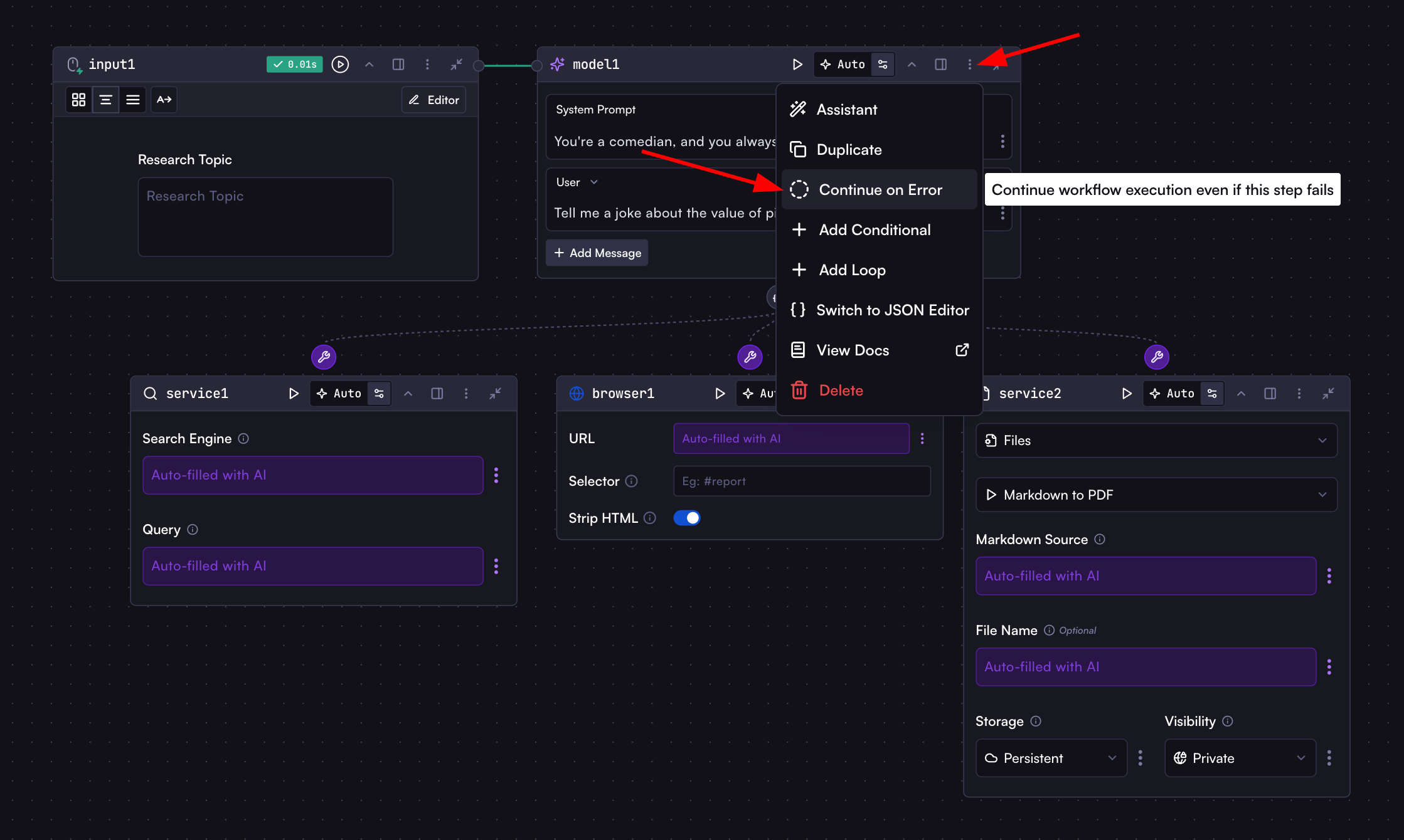 Screenshot showing the 'Continue on Error' option being enabled in the context menu of a model step