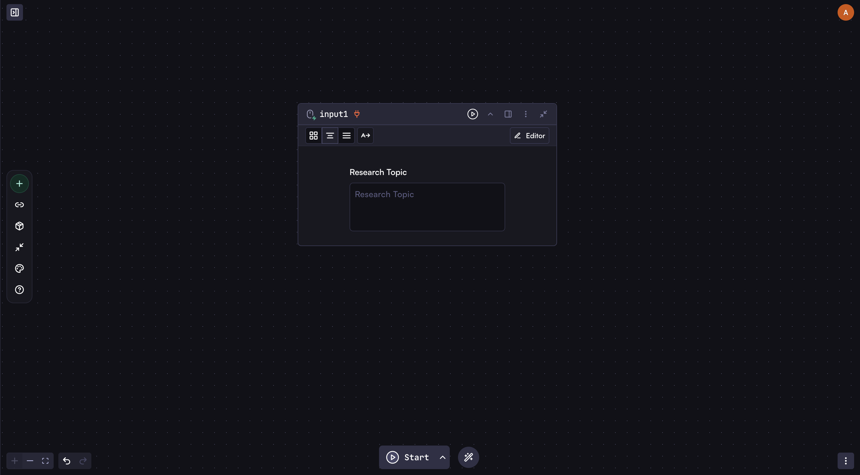 Screenshot of the input step with a text field named 'research_topic'