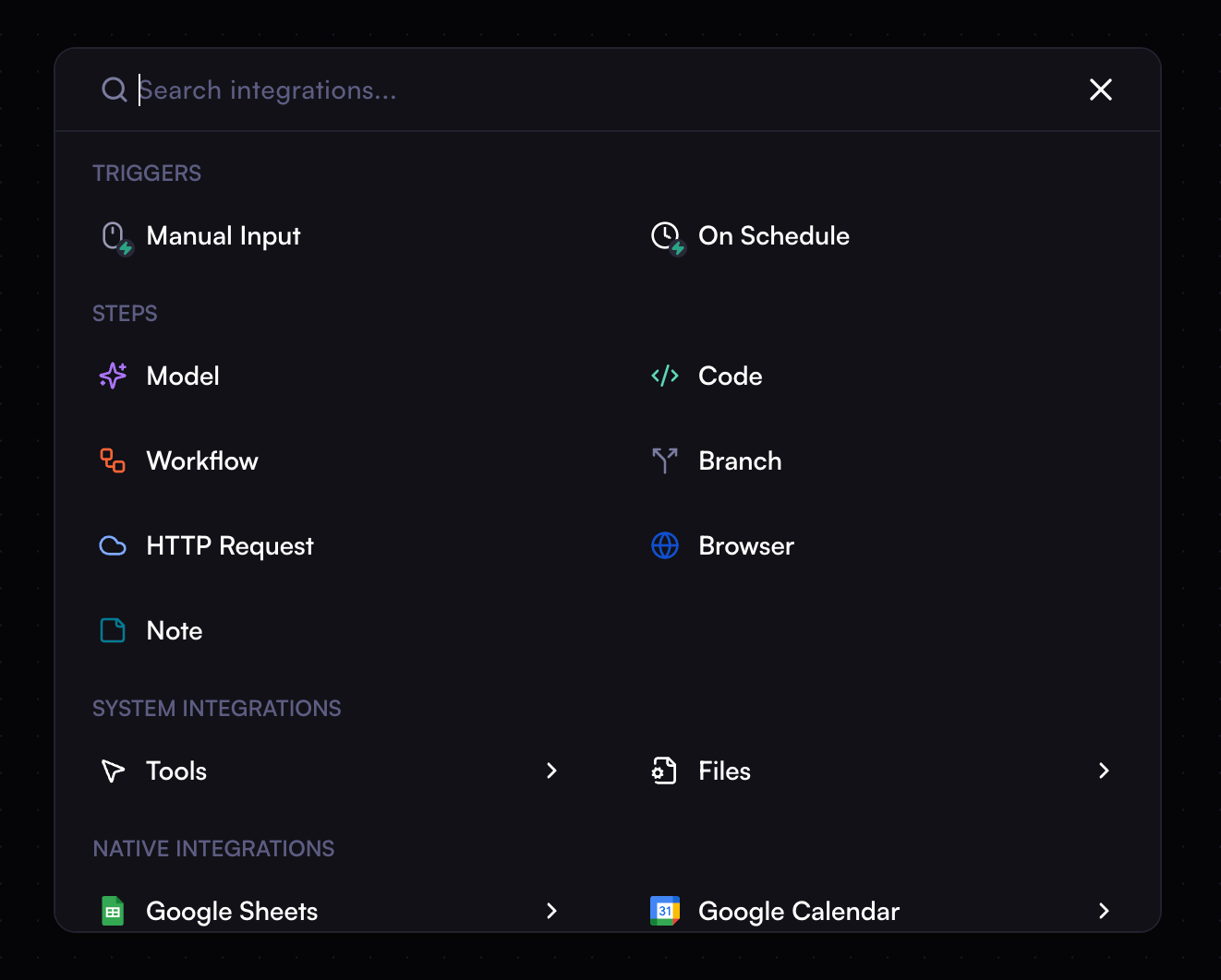 Different step types available in the Cortex workflow editor, categorized by function