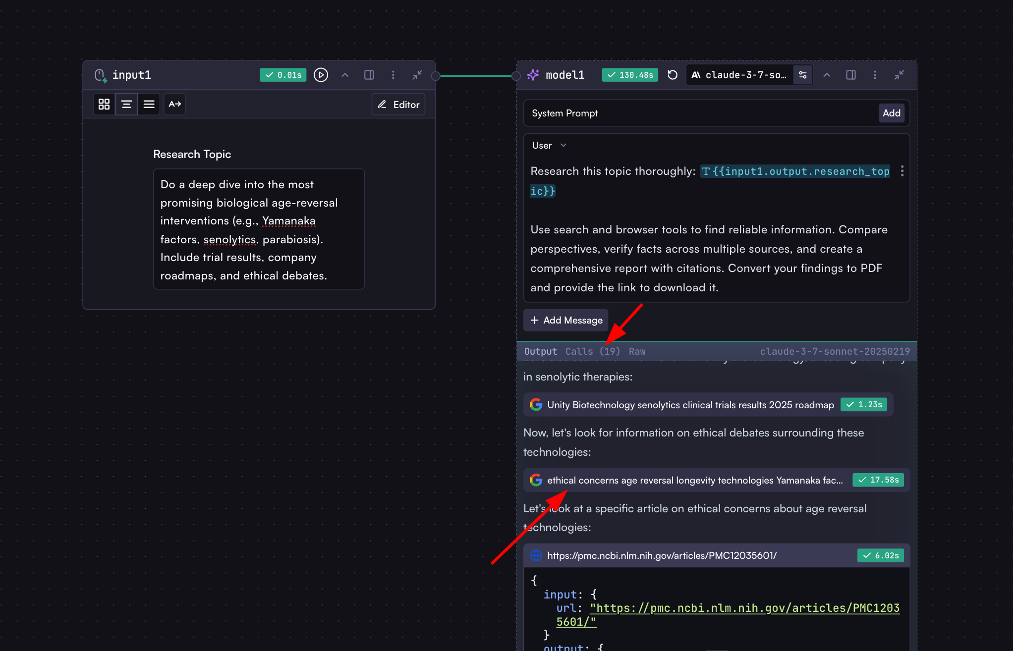 Screenshot of the Calls tab showing a list of tool calls made by the agent, including search queries and browser URLs
