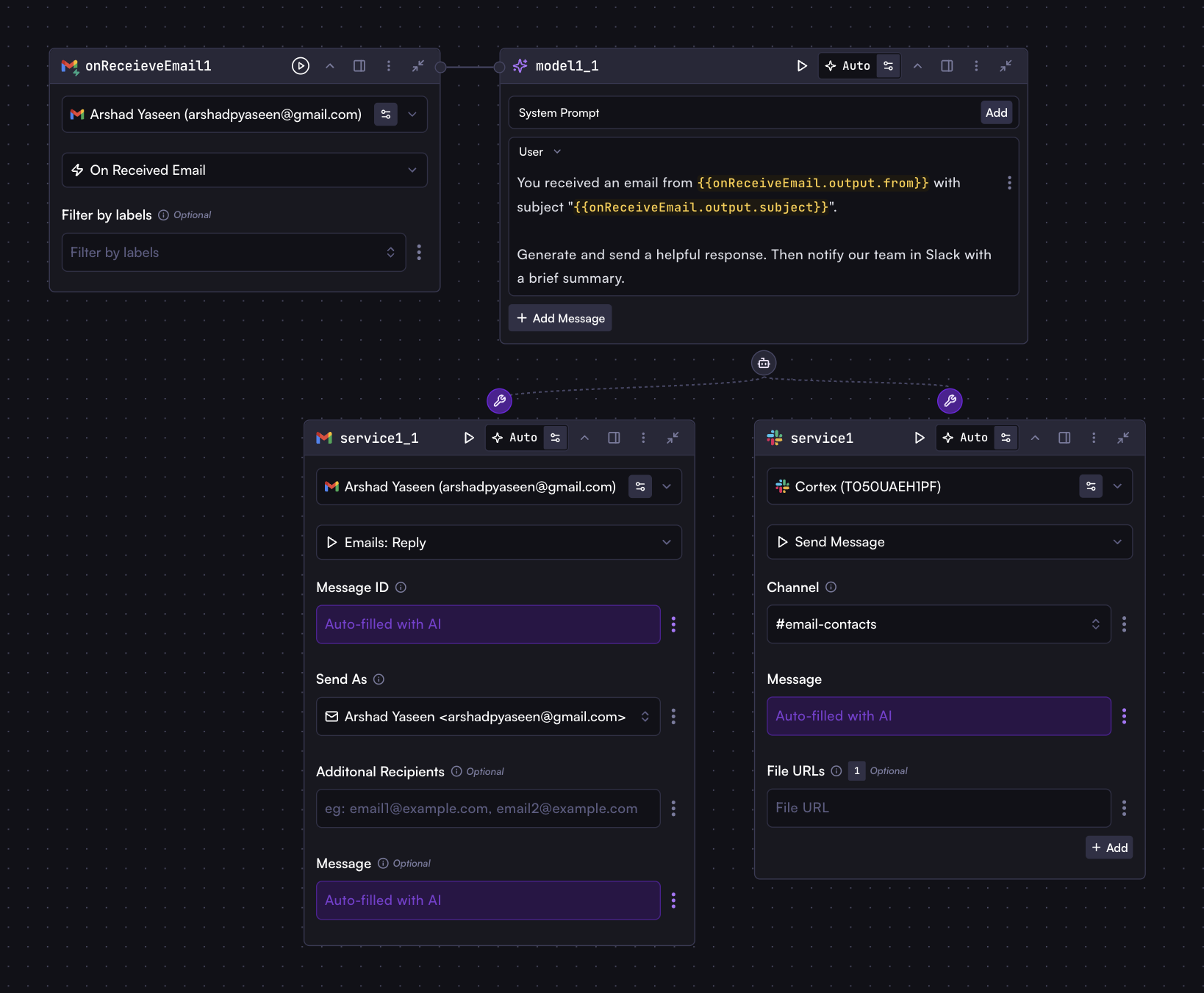 Screenshot of an email automation workflow with an 'On Receive Email' trigger connected to a model step, which has 'Send Email Reply' and 'Inform Team' tools connected underneath it