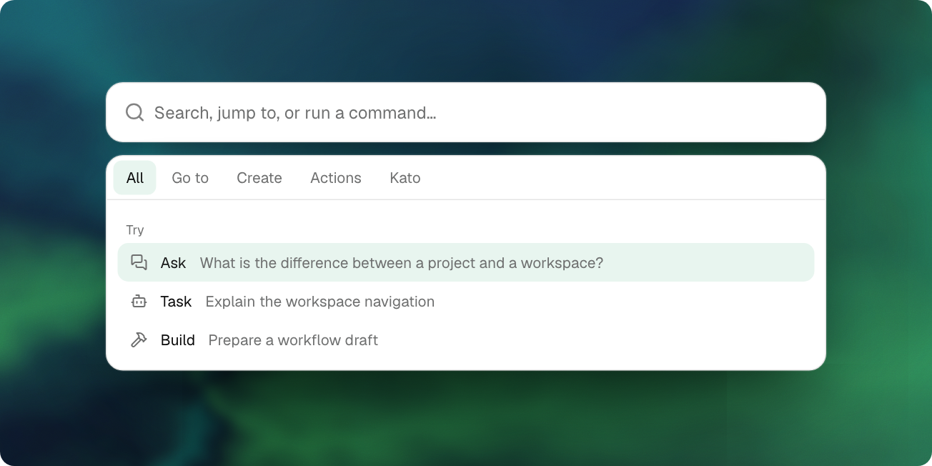 Command palette on an Aurora background, with a search field and All, Go to, Create, Actions, and Kato tabs.