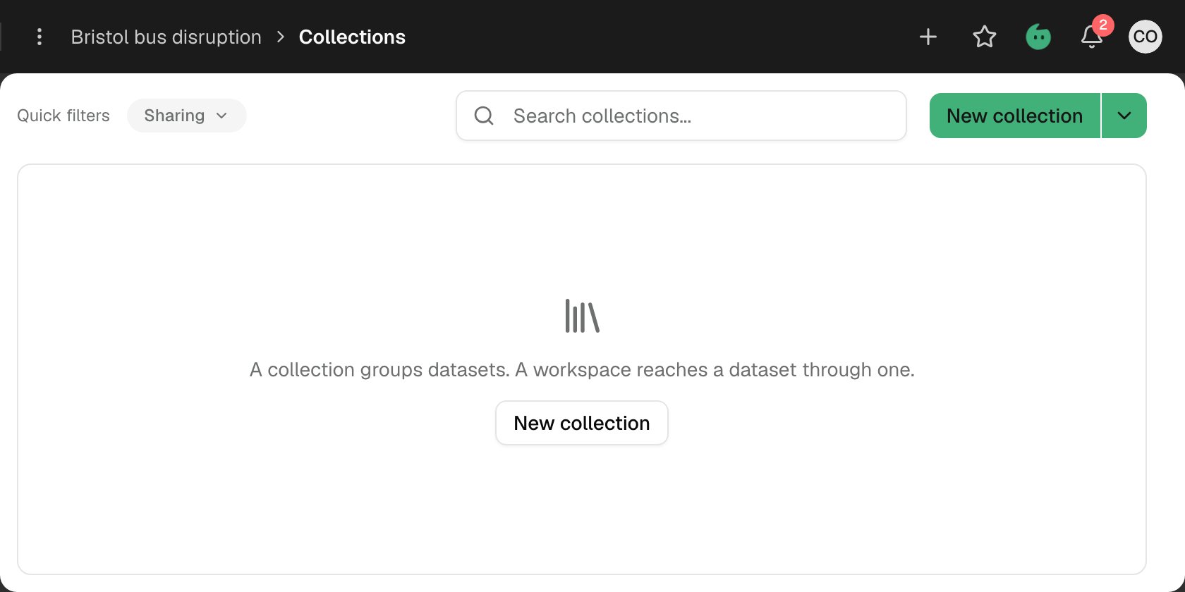 Illustrative Bristol bus disruption Collections page with an empty list and New collection controls.