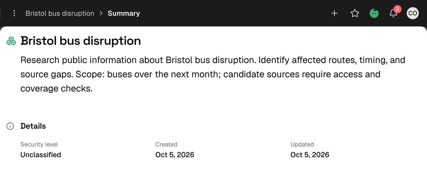 Illustrative Bristol bus disruption workspace summary with its research purpose, collection scope, and security level.