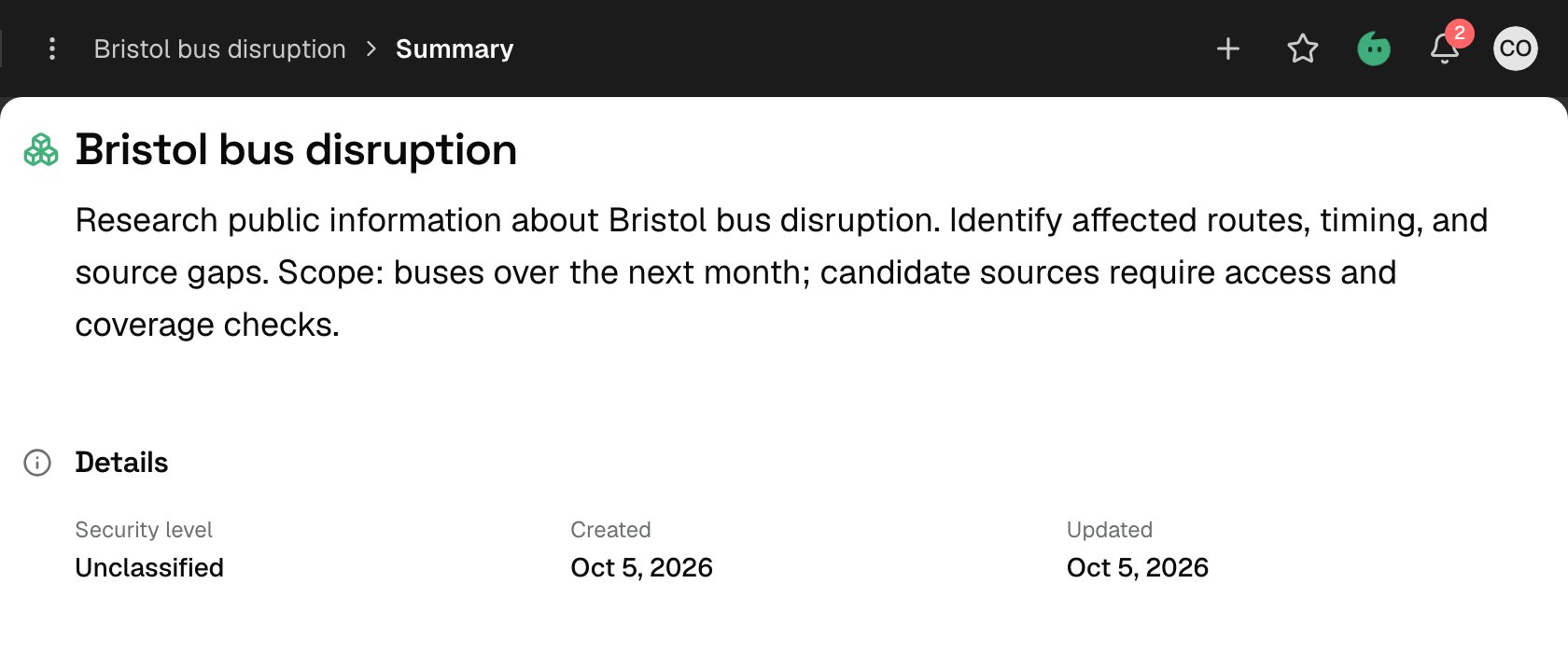 Illustrative Bristol bus disruption workspace summary with its research purpose, collection scope, and security level.