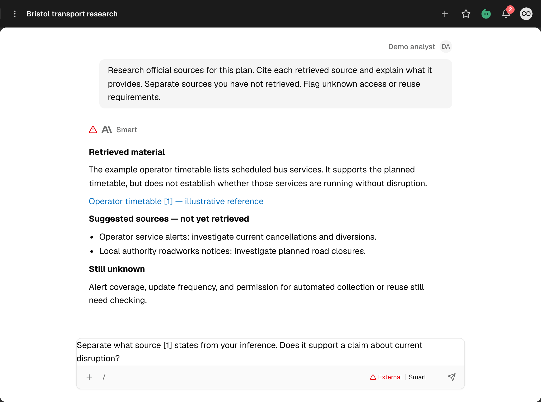 Example chat response separating retrieved timetable material, sources not yet retrieved, and unknown requirements, with a follow-up question in the composer.