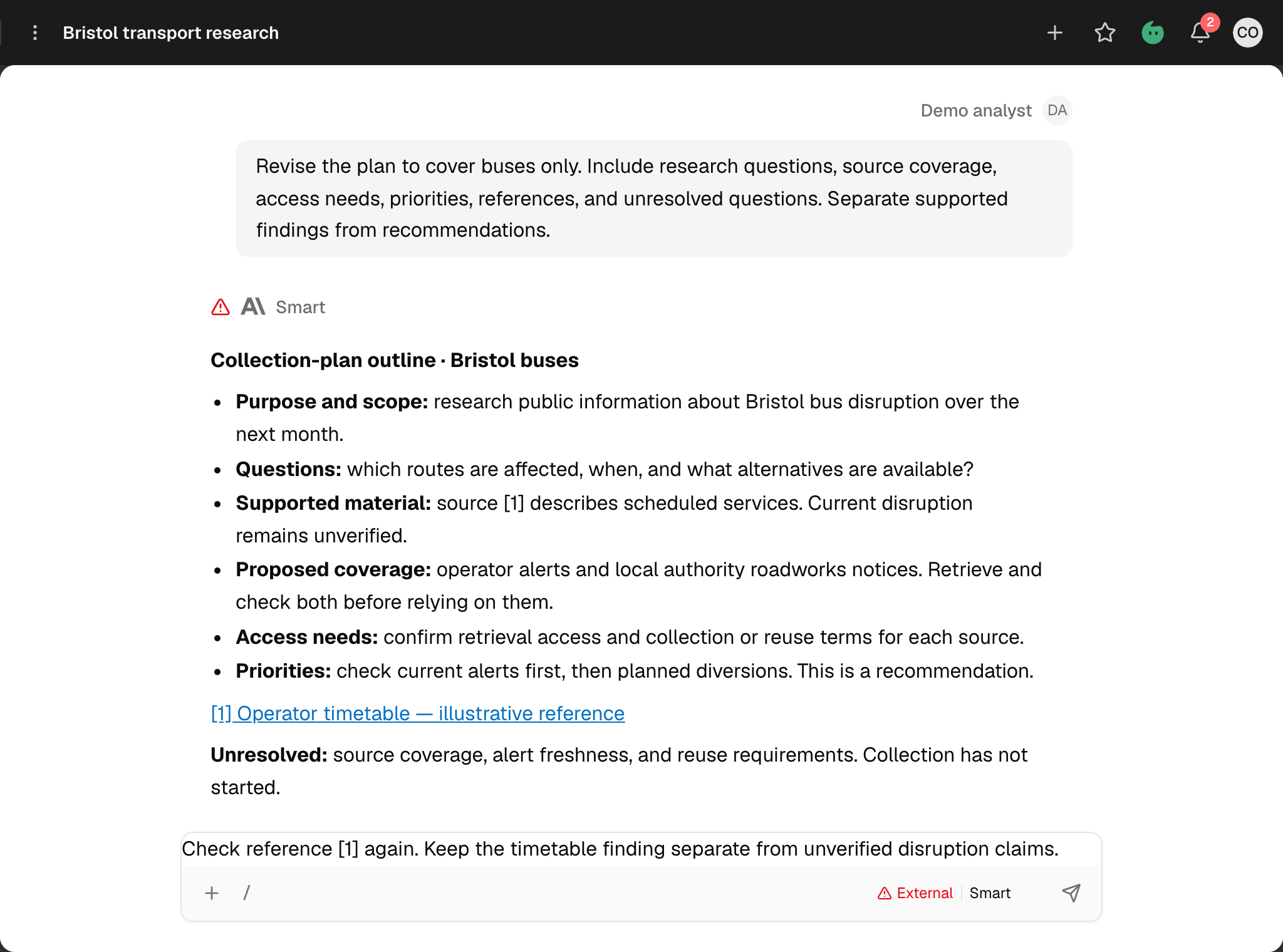 Example revised collection-plan outline for Bristol buses showing scope, research questions, source coverage, access needs, priorities, a reference, and unresolved questions.