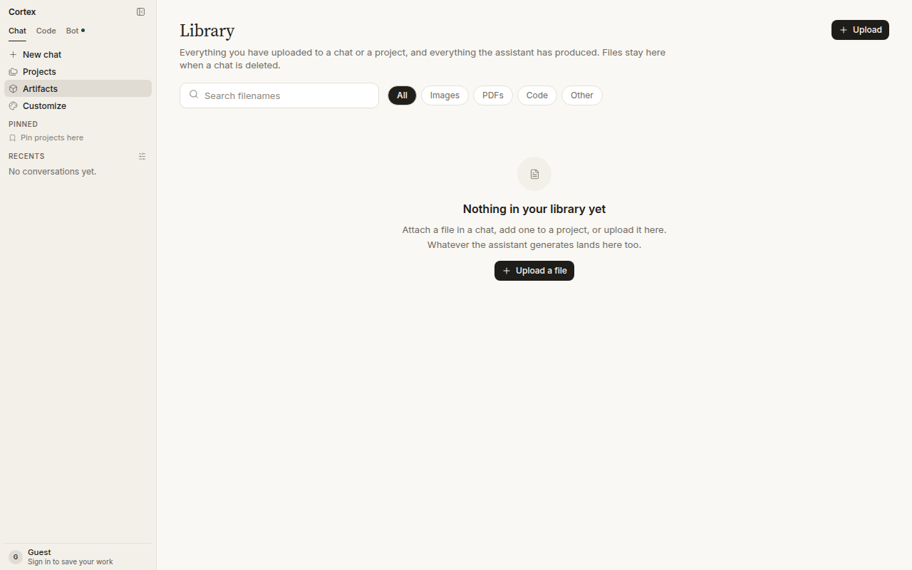 Library — Nothing in your library yet. Attach a file in a chat, add one to a project, or upload it here.